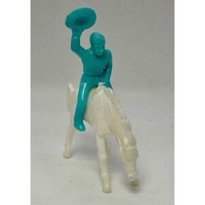 VTG MARX Roy Rogers Mounted Figure Holding Hat Blue Plastic 3" & Bucking Horse